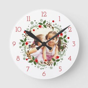 Horloge Ronde Chemise rouge de Noël fleurie photo de vacances