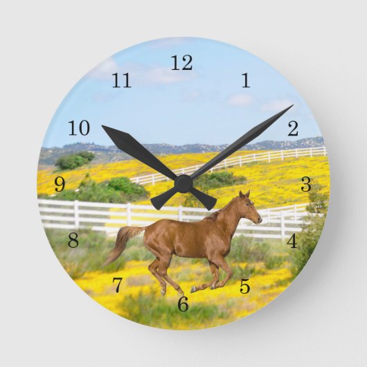 Horloge Ronde Cheval Brown courant dans le champ de fleurs (Recto)