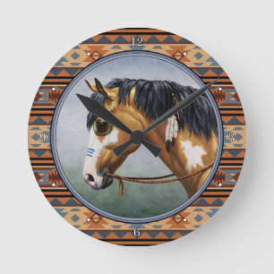 Horloge Ronde Cheval de guerre amérindien Buckskin Pinto