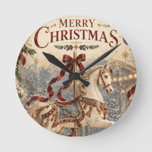 Horloge Ronde Cheval de manège vintage Noël, Élégantes Fêtes