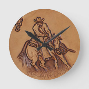 Horloge Ronde Cheval occidental en cuir équitation Rodeo Cowboy