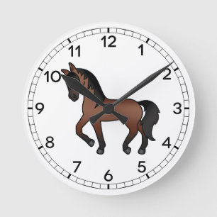 Horloge Ronde Cheval Trotting Cartoon Brown Bay