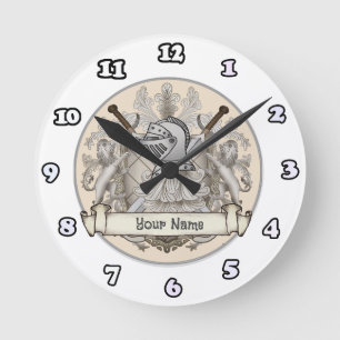 Horloge Ronde Chevalier sépia Bouclier nom de famille