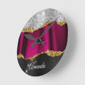 Horloge Ronde Chic faux argent parties scintillant Fuchsia noir (Angle)