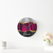 Horloge Ronde Chic faux argent parties scintillant Fuchsia noir (Maison)