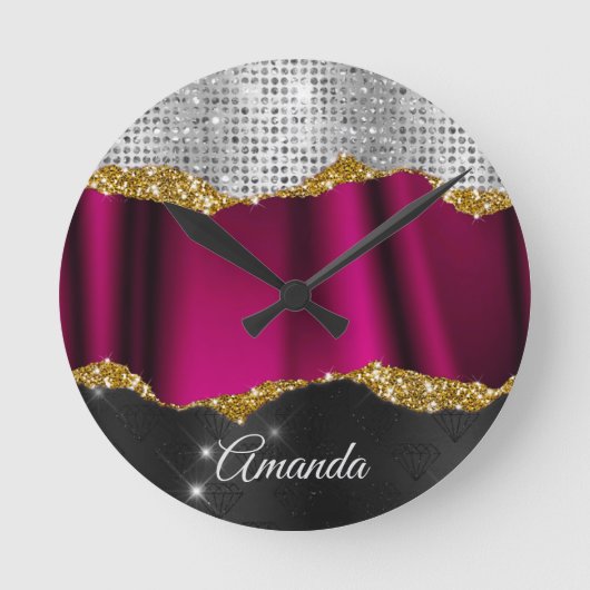 Horloge Ronde Chic faux argent parties scintillant Fuchsia noir (Recto)
