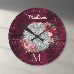 Horloge Ronde Chic faux paillettes argent monogramme floral bord
