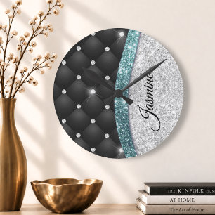 Horloge Ronde Chic fille faux paillettes argent noir sarcelle mo