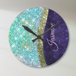 Horloge Ronde Chic irisé violet bleu faux parties scintillant mo