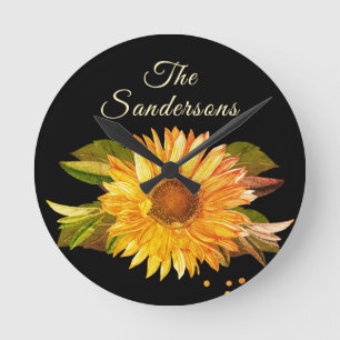 Horloge Ronde Chic Rustique Tournesol Jaune Doré