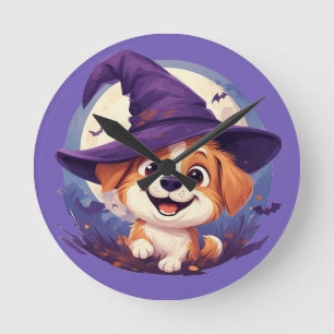 Horloge Ronde Chien adorable avec un chapeau de sorcière