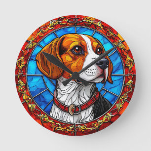 Horloge Ronde Chien Beagle dans un Art Verre Coloré