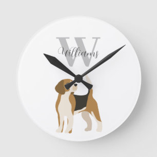 Horloge Ronde Chien Beagle Monogramme Nom Aquarelle