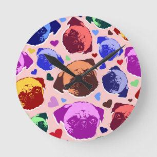 Horloge Ronde Chien chiot Pug PopArt Style Rétro