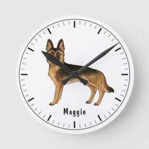 Horloge Ronde Chien de berger allemand noir et feu avec texte pe