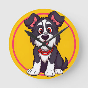 Horloge Ronde Chien de dessin animé adorable souriant avec entra