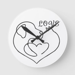 Horloge Ronde Chien et Chat Minimaliste Cœur - Design d'Art en U