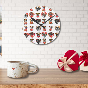 Horloge Ronde Chien et Coeur de boxe romantique Valentine