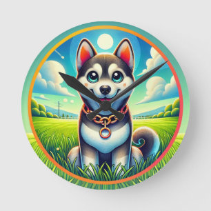 Horloge Ronde Chien mignon avec une expression joyeuse