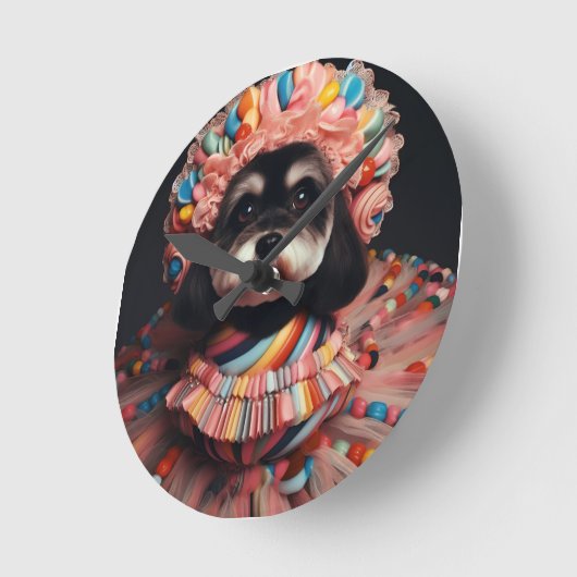 Horloge Ronde Chien mignon en robe perlée (Angle)