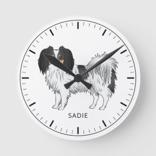Horloge Ronde Chien Phalène tricolore avec texte personnalisé