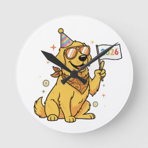 Horloge Ronde Chien Retriever doré de fête cool Bonne année