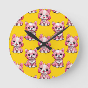 Horloge Ronde Chien rose Motif design - Jaune