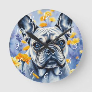 Horloge Ronde Chien-taureau français dans les fleurs