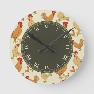 Horloge Ronde Chiffre romain Brown de poulet et de coqs