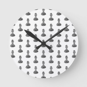 Horloge Ronde Chiffres d'échecs noir et blanc Pion Linocut