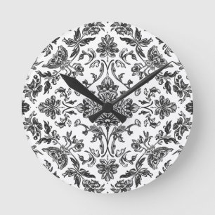 Horloge Ronde Chinoiserie florale noir et blanc aquarelle