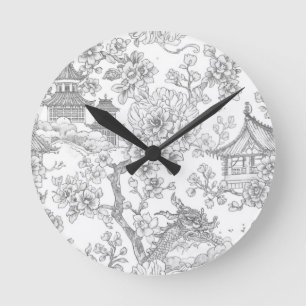 Horloge Ronde Chinoiserie Toile Dragon Fleur de Cerisier Ornemen