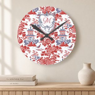 Horloge Ronde Chinoiserie vintage Delft rouge français monogramm