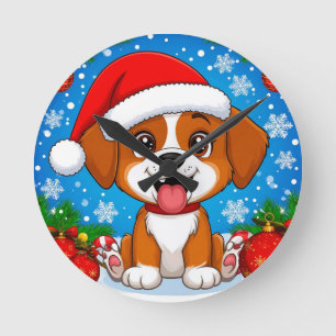 Horloge Ronde Chiot adorable avec un chapeau de Père Noël et des