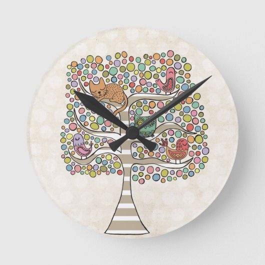 Horloge Ronde Chouette chatte et oiseaux dans un arbre Illustrat (Recto)