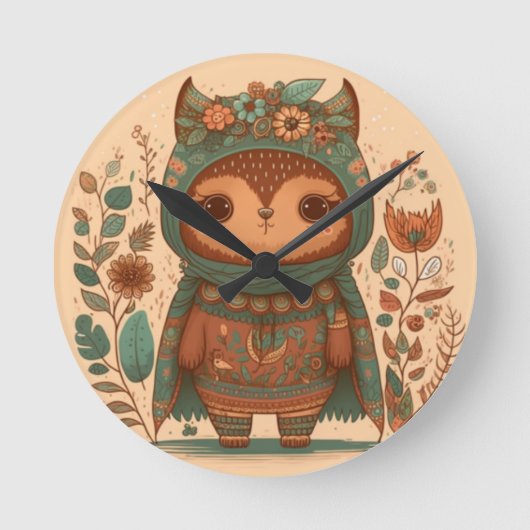 Horloge Ronde Chouette florale de mûre boho (Recto)