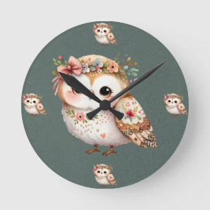 Horloge Ronde Chouette florale mignonne avec un nœud