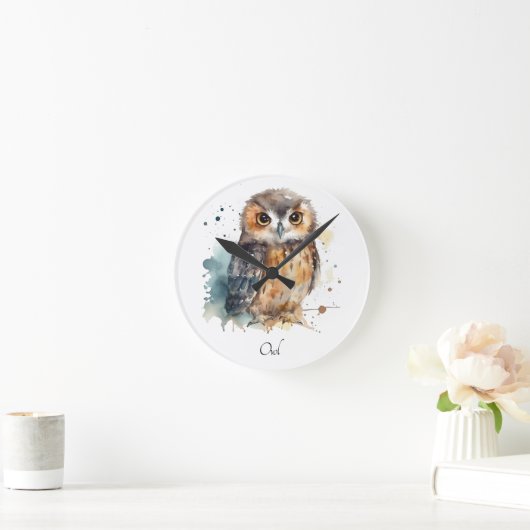 Horloge Ronde Chouette mignonne en aquarelle (Maison)