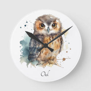 Horloge Ronde Chouette mignonne en aquarelle