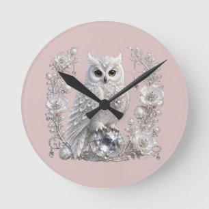 Horloge Ronde Chouette Perle de Cristal Blanc