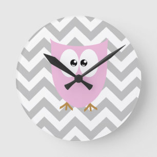 Horloge Ronde Chouette rose Grey Chevron Chambre à coucher