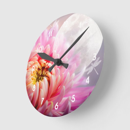 Horloge Ronde Chrysanthème et Lune (Angle)