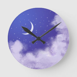 Horloge Ronde Ciel nocturne rêveur avec croissant de lune