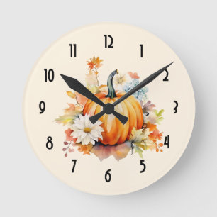 Horloge Ronde Citrouille orange et fleurs automne