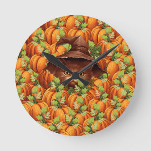 HORLOGE RONDE CITROUILLES DE THANKSGIVING CHAT MIGNON