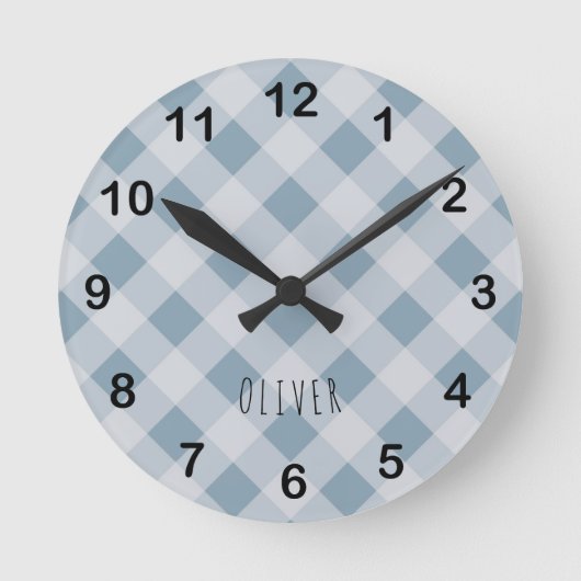 Horloge Ronde Classic Elegant Blue Gingham Plaid & Custom Name  (Recto)