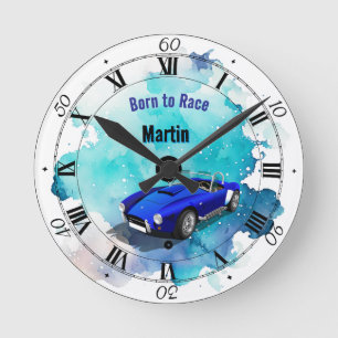 Horloge Ronde Classic Retro Blue Sports Voiture Anniversaire Ave