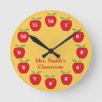 Classroom Clock with Apples on Yellow