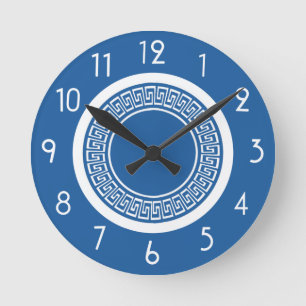 Horloge Ronde Clé grecque bleue et blanche