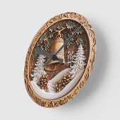 Horloge Ronde Cloche d'hiver en bois, conception artisanale AI H (Angle)